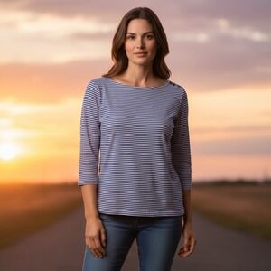 J. McLaughlin Size Large Wavesong Catalina Knit Top Boat Neck Blue Stripe Preppy